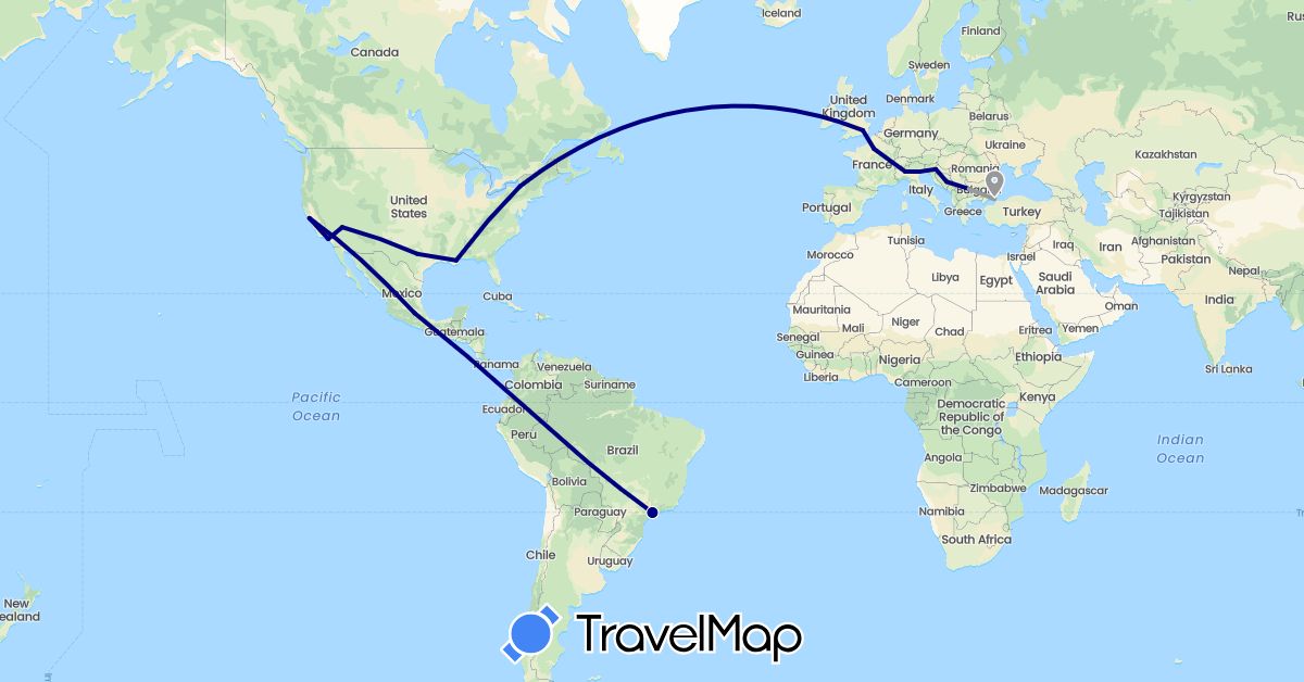 TravelMap itinerary: driving, plane in Bosnia and Herzegovina, Bulgaria, Brazil, France, United Kingdom, Croatia, Italy, Mexico, Turkey, United States (Asia, Europe, North America, South America)
